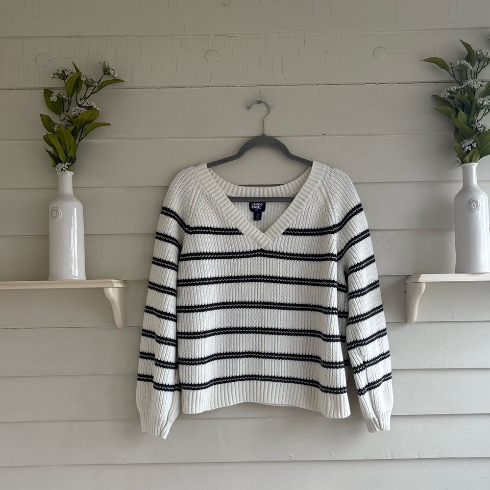Lands' End Drifter V-Neck Striped Sweater Women’s Size Medium - Picture 2 of 11